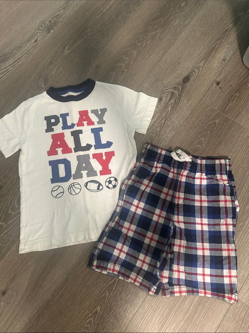Gymboree White Tee with Red & Blue 'Play All Day' and Navy Plaid Shorts